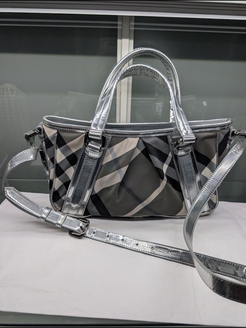 Burberry Black & Silver Plaid Tote Handbag